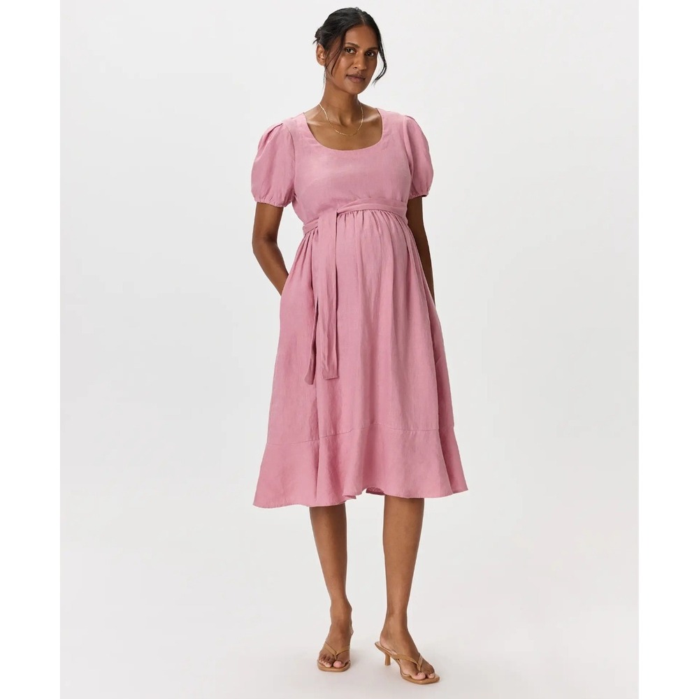 Quince 100% European Linen Maternity Short Sleeve Midi Dress Mauve Mist S